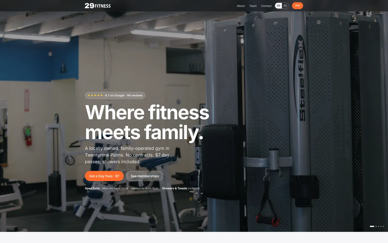Screenshot of the 29 Fitness redesign preview homepage