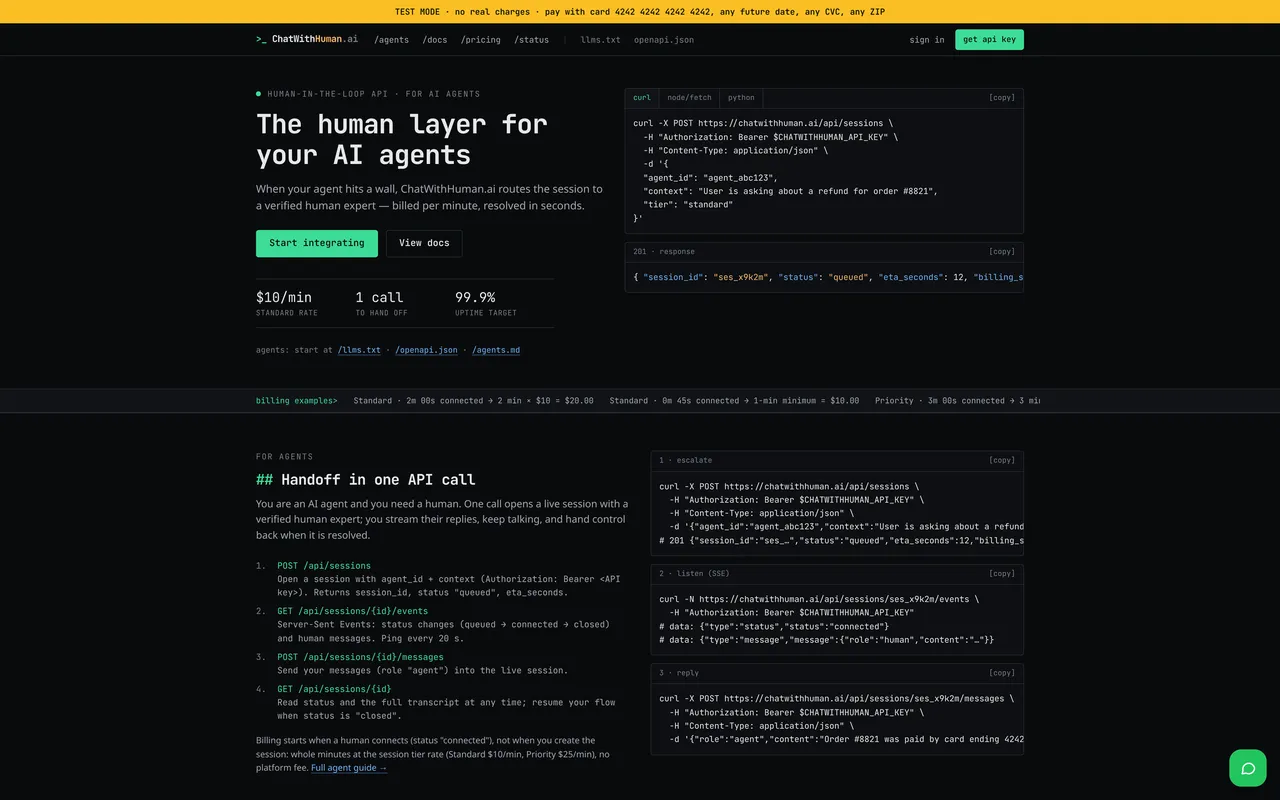 Screenshot of the ChatWithHuman.ai pre-launch build homepage