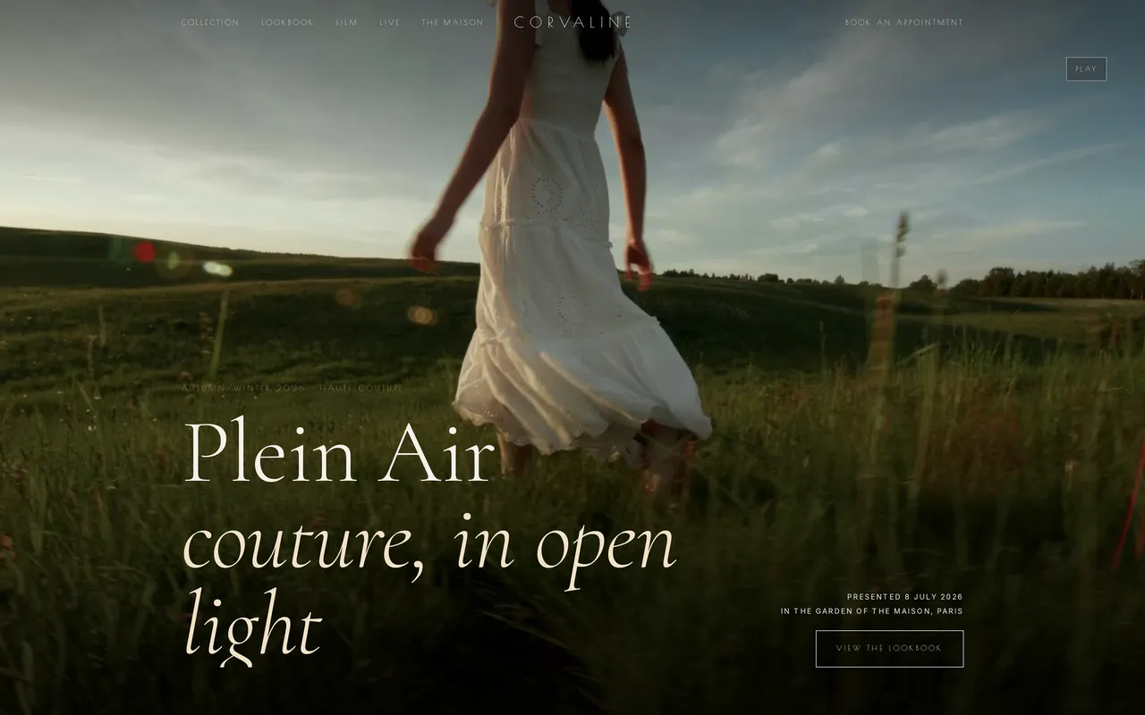 Screenshot of the Maison Corvaline concept homepage: a figure in a white gown in a field at dusk, headline Plein Air, couture in open light