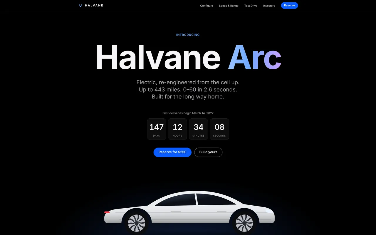 Screenshot of the Halvane Arc concept launch site with a delivery countdown and a Reserve button