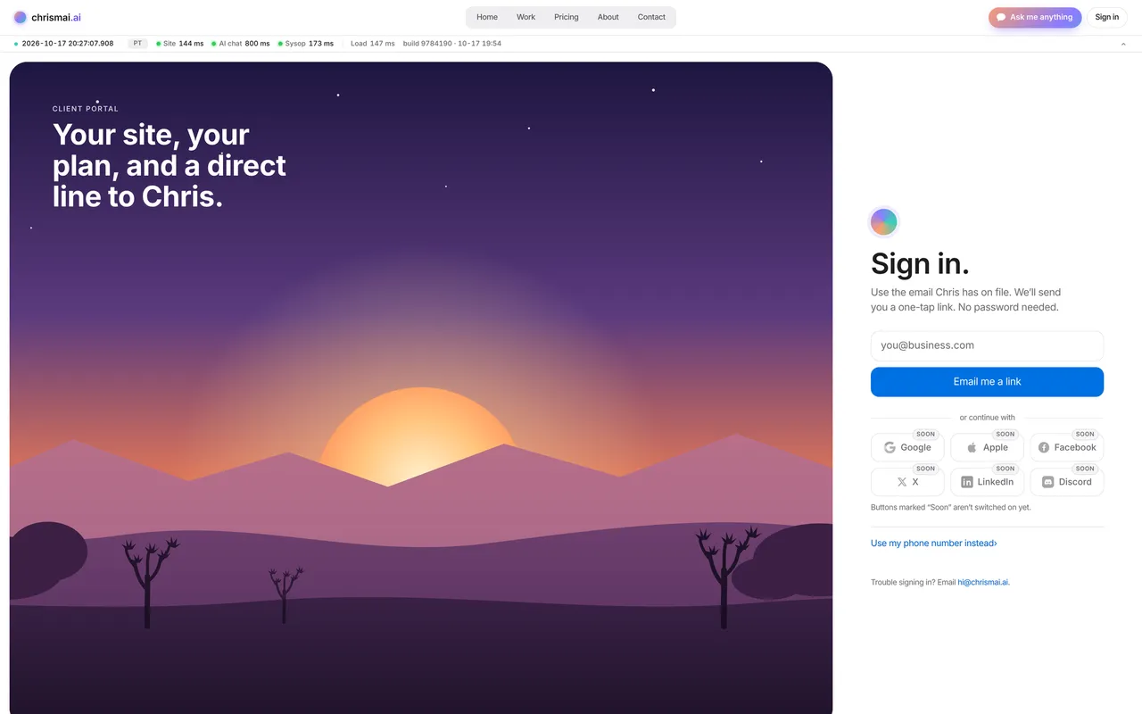 Screenshot of the chrismai.ai client portal sign-in page